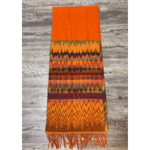 Made in Scotland 100% Cashmere Scarf Orange Green Red Chevron Fringe 64"x12" - Picture 4 of 7